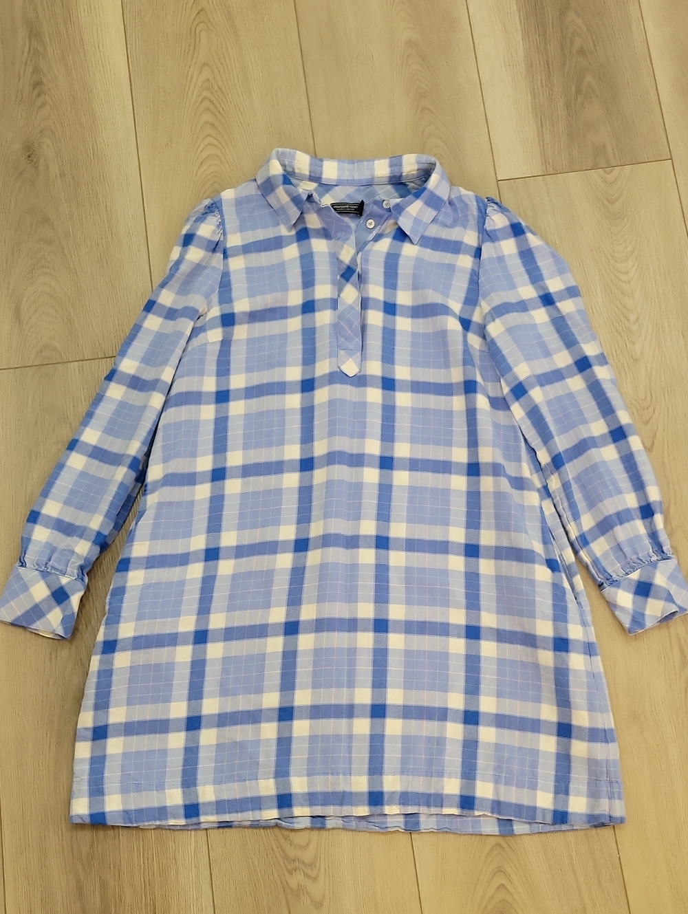 Vineyard Vines Light Blue and White Plaid Long-Sleeve Dress